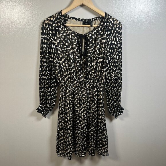 Theory Confetti Print Long Sleeve Silk Blend Dress Size Small Black Tan Career - Picture 2 of 11